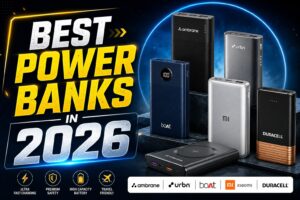 A graphic titled "BEST POWER BANKS IN 2026" featuring a bold yellow-and-white headline on the left and a collection of modern power banks from Ambrane, URBN, boAt, Xiaomi (Mi), and Duracell displayed on the right against a futuristic blue and black background. Icons at the bottom highlight ultra-fast charging, premium safety, high battery capacity, and travel-friendly design