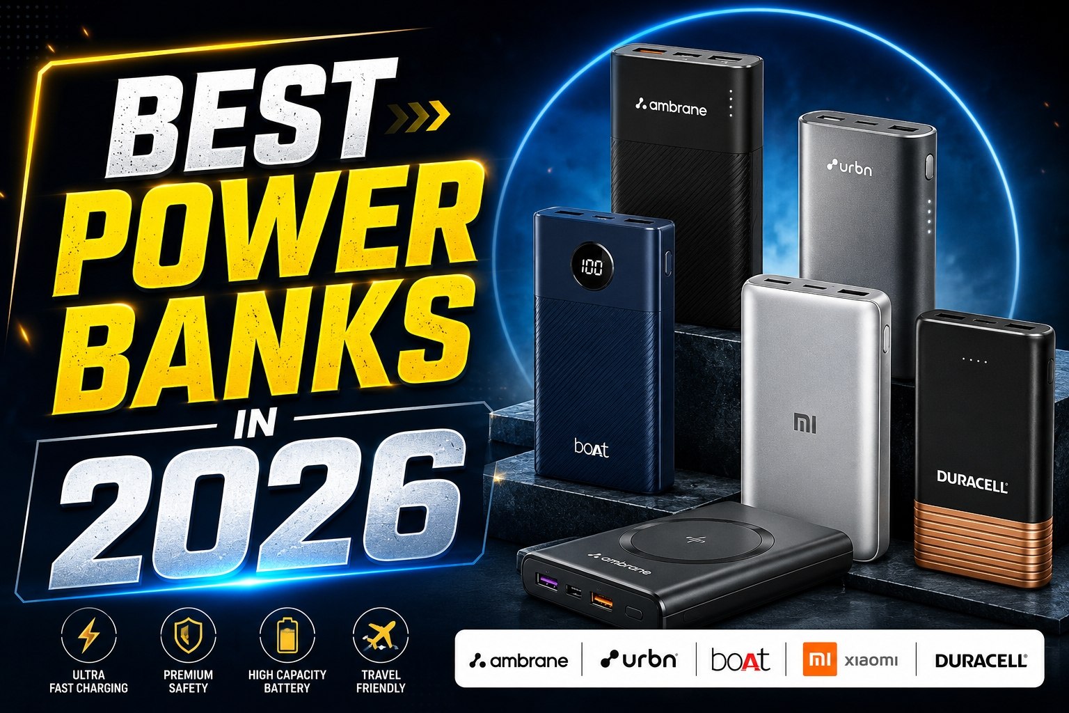 A graphic titled "BEST POWER BANKS IN 2026" featuring a bold yellow-and-white headline on the left and a collection of modern power banks from Ambrane, URBN, boAt, Xiaomi (Mi), and Duracell displayed on the right against a futuristic blue and black background. Icons at the bottom highlight ultra-fast charging, premium safety, high battery capacity, and travel-friendly design