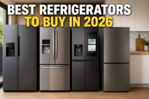 A row of modern refrigerators in different styles displayed in a contemporary kitchen with the headline "BEST REFRIGERATORS TO BUY IN 2026.