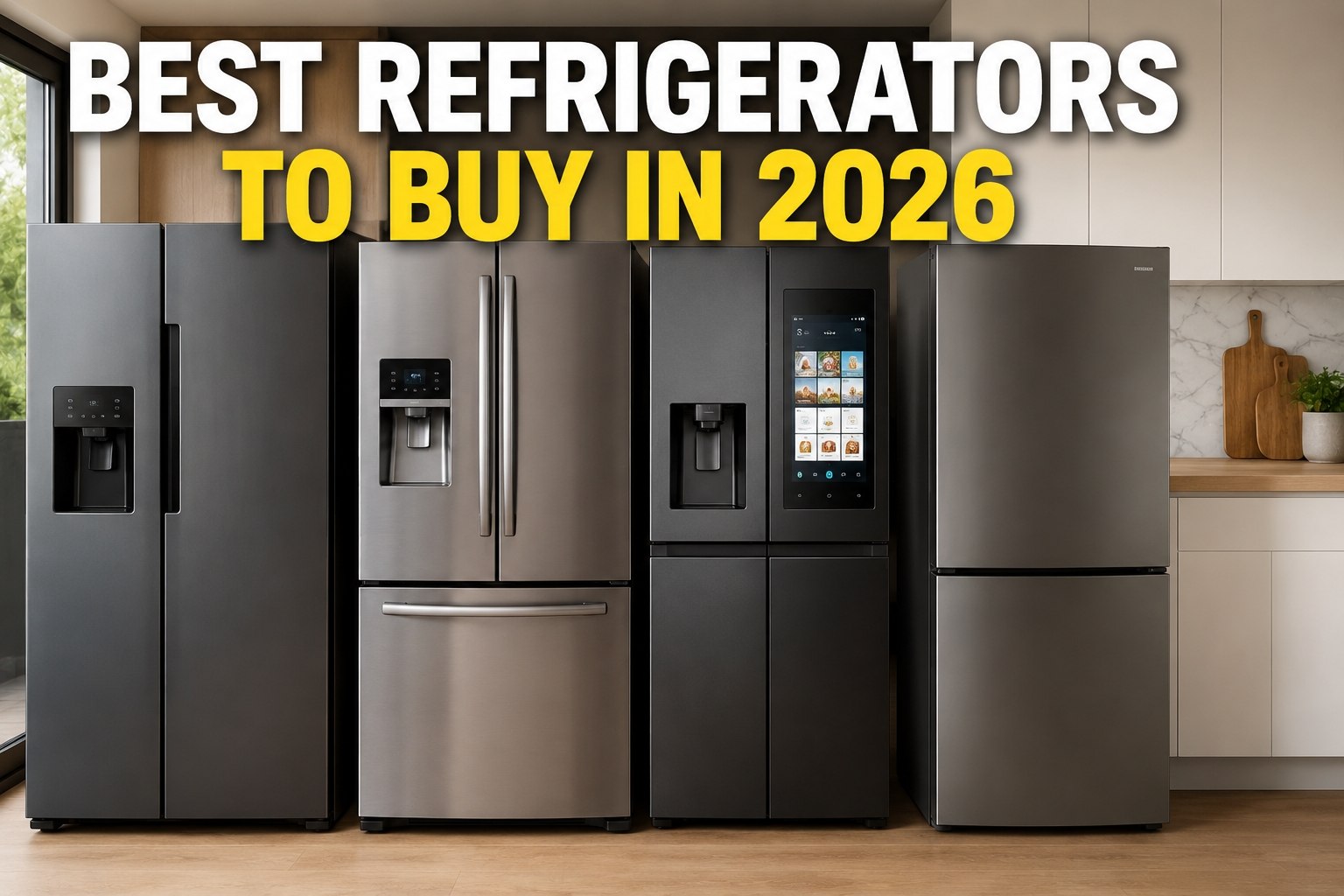 A row of modern refrigerators in different styles displayed in a contemporary kitchen with the headline "BEST REFRIGERATORS TO BUY IN 2026.