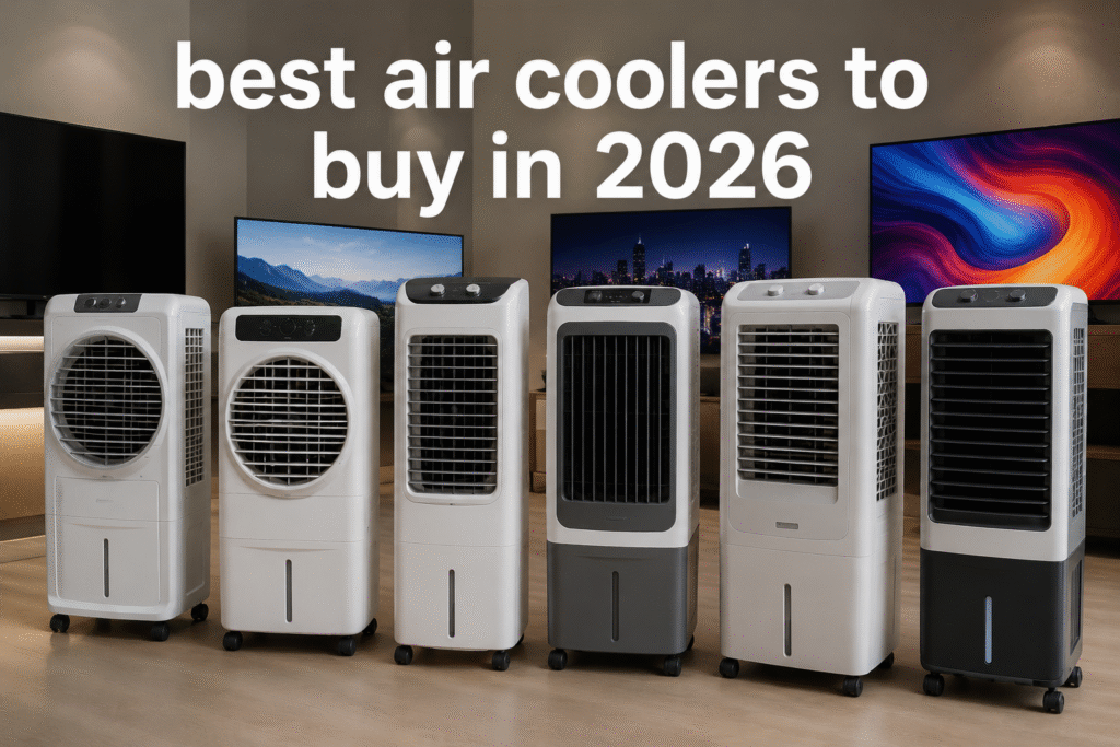 Ultra-realistic lineup of modern air coolers displayed in a premium showroom with large TVs in the background and the text "best air coolers to buy in 2026" prominently featured at the top.