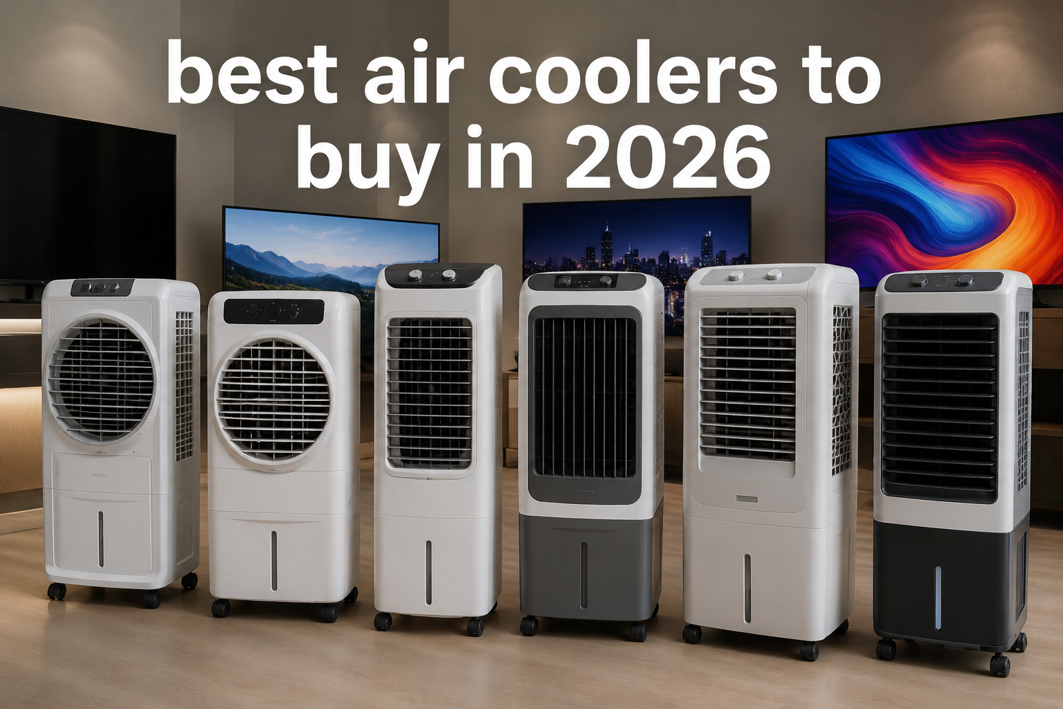 Ultra-realistic lineup of modern air coolers displayed in a premium showroom with large TVs in the background and the text "best air coolers to buy in 2026" prominently featured at the top.