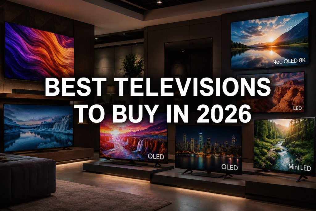 Ultra-realistic modern TV showroom featuring multiple display technologies, including OLED, QLED, Mini LED, LED, and Neo QLED, with the bold title "BEST TELEVISIONS TO BUY IN 2026" displayed prominently in the center.
