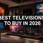 Ultra-realistic modern TV showroom featuring multiple display technologies, including OLED, QLED, Mini LED, LED, and Neo QLED, with the bold title "BEST TELEVISIONS TO BUY IN 2026" displayed prominently in the center.