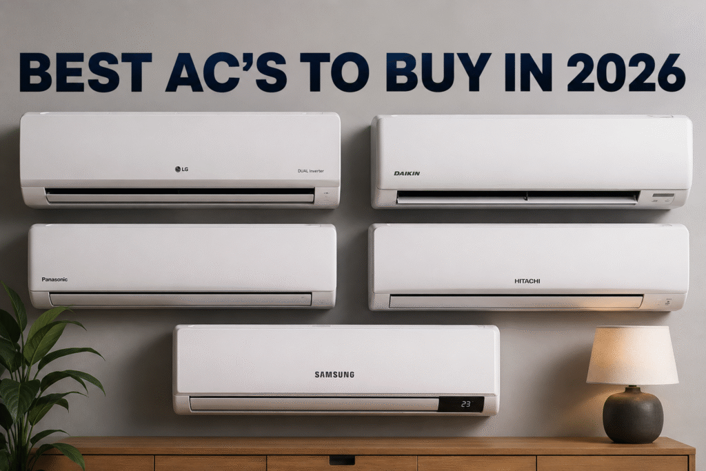Ultra-realistic promotional graphic featuring multiple wall-mounted air conditioners from leading brands, including LG, Daikin, Panasonic, Hitachi, and Samsung, beneath the bold headline "BEST AC'S TO BUY IN 2026" on a modern interior wall.