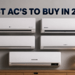 Ultra-realistic promotional graphic featuring multiple wall-mounted air conditioners from leading brands, including LG, Daikin, Panasonic, Hitachi, and Samsung, beneath the bold headline "BEST AC'S TO BUY IN 2026" on a modern interior wall.