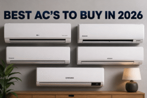 Ultra-realistic promotional graphic featuring multiple wall-mounted air conditioners from leading brands, including LG, Daikin, Panasonic, Hitachi, and Samsung, beneath the bold headline "BEST AC'S TO BUY IN 2026" on a modern interior wall.