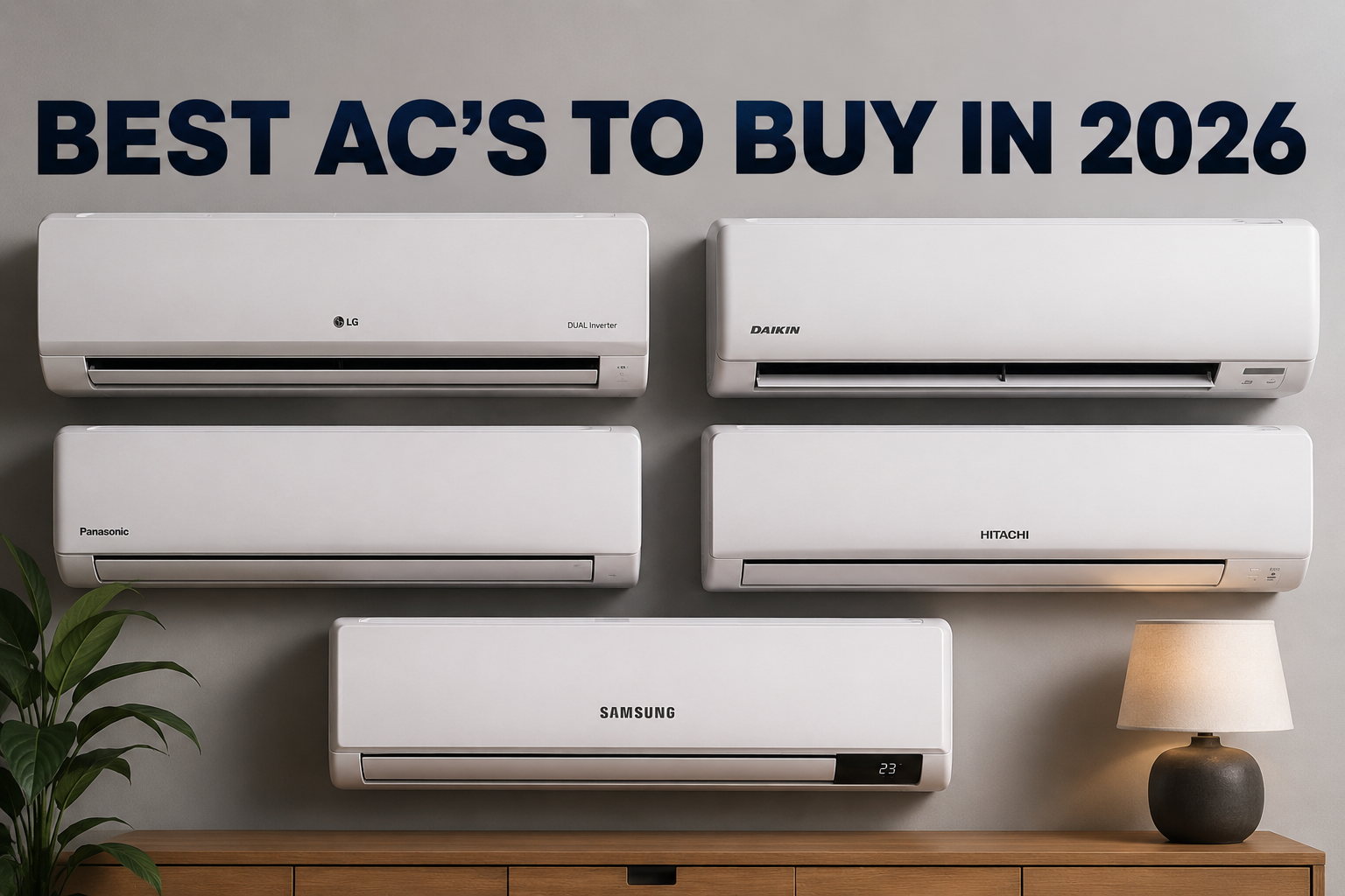 Ultra-realistic promotional graphic featuring multiple wall-mounted air conditioners from leading brands, including LG, Daikin, Panasonic, Hitachi, and Samsung, beneath the bold headline "BEST AC'S TO BUY IN 2026" on a modern interior wall.