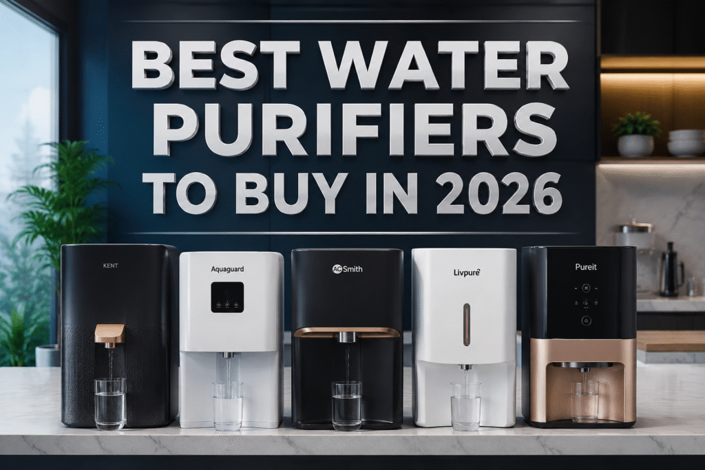 Ultra-realistic promotional image featuring multiple modern water purifiers from different brands displayed on a stylish kitchen countertop with the bold headline "BEST WATER PURIFIERS TO BUY IN 2026" against a premium dark background.