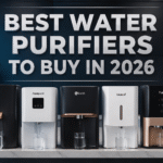 Ultra-realistic promotional image featuring multiple modern water purifiers from different brands displayed on a stylish kitchen countertop with the bold headline "BEST WATER PURIFIERS TO BUY IN 2026" against a premium dark background.