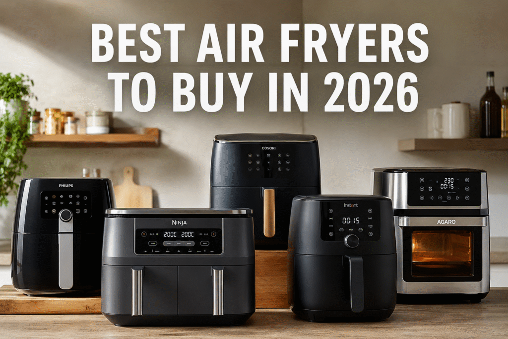 Ultra-realistic lineup of modern air fryers from multiple leading brands displayed on a contemporary kitchen countertop with the bold headline "BEST AIR FRYERS TO BUY IN 2026" above them.