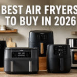 Ultra-realistic lineup of modern air fryers from multiple leading brands displayed on a contemporary kitchen countertop with the bold headline "BEST AIR FRYERS TO BUY IN 2026" above them.