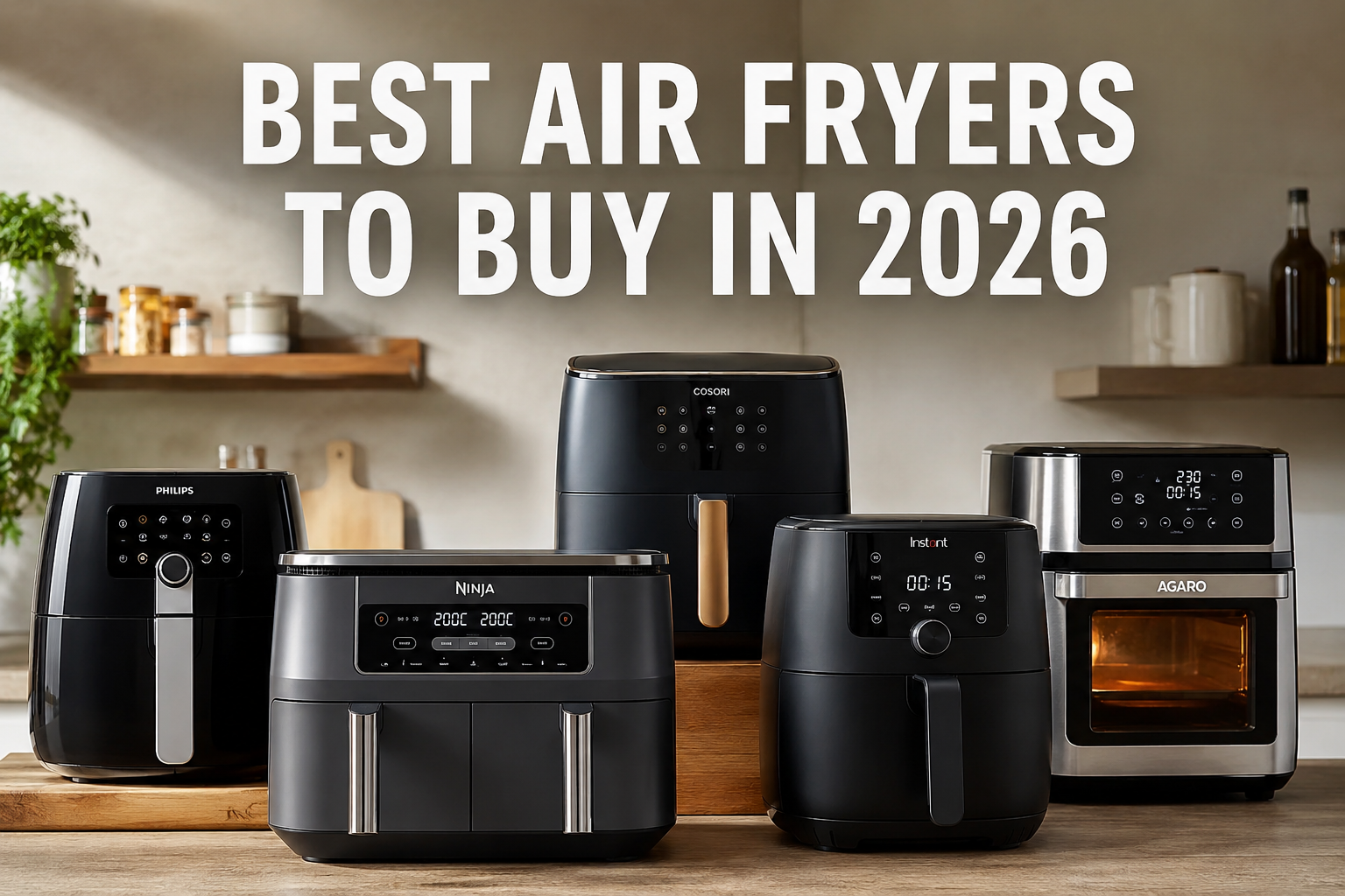 Ultra-realistic lineup of modern air fryers from multiple leading brands displayed on a contemporary kitchen countertop with the bold headline "BEST AIR FRYERS TO BUY IN 2026" above them.