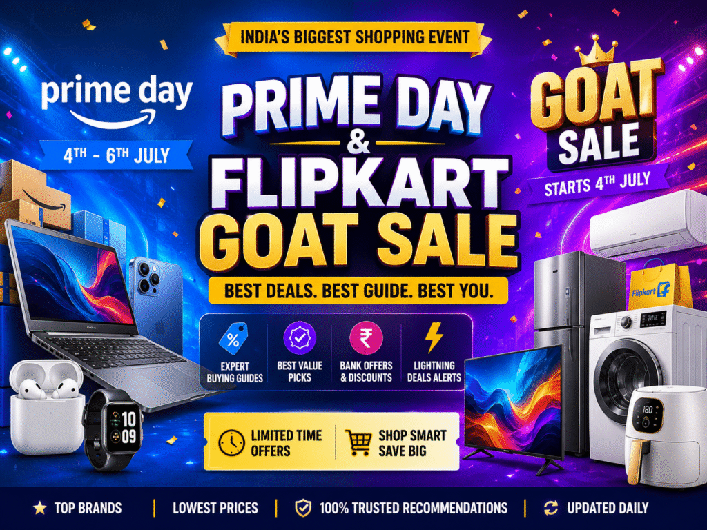 Hero banner for Amazon Prime Day and Flipkart GOAT Sale featuring the best deals on laptops, TVs, refrigerators, washing machines, air conditioners, smartphones, and other electronics with expert buying guides.