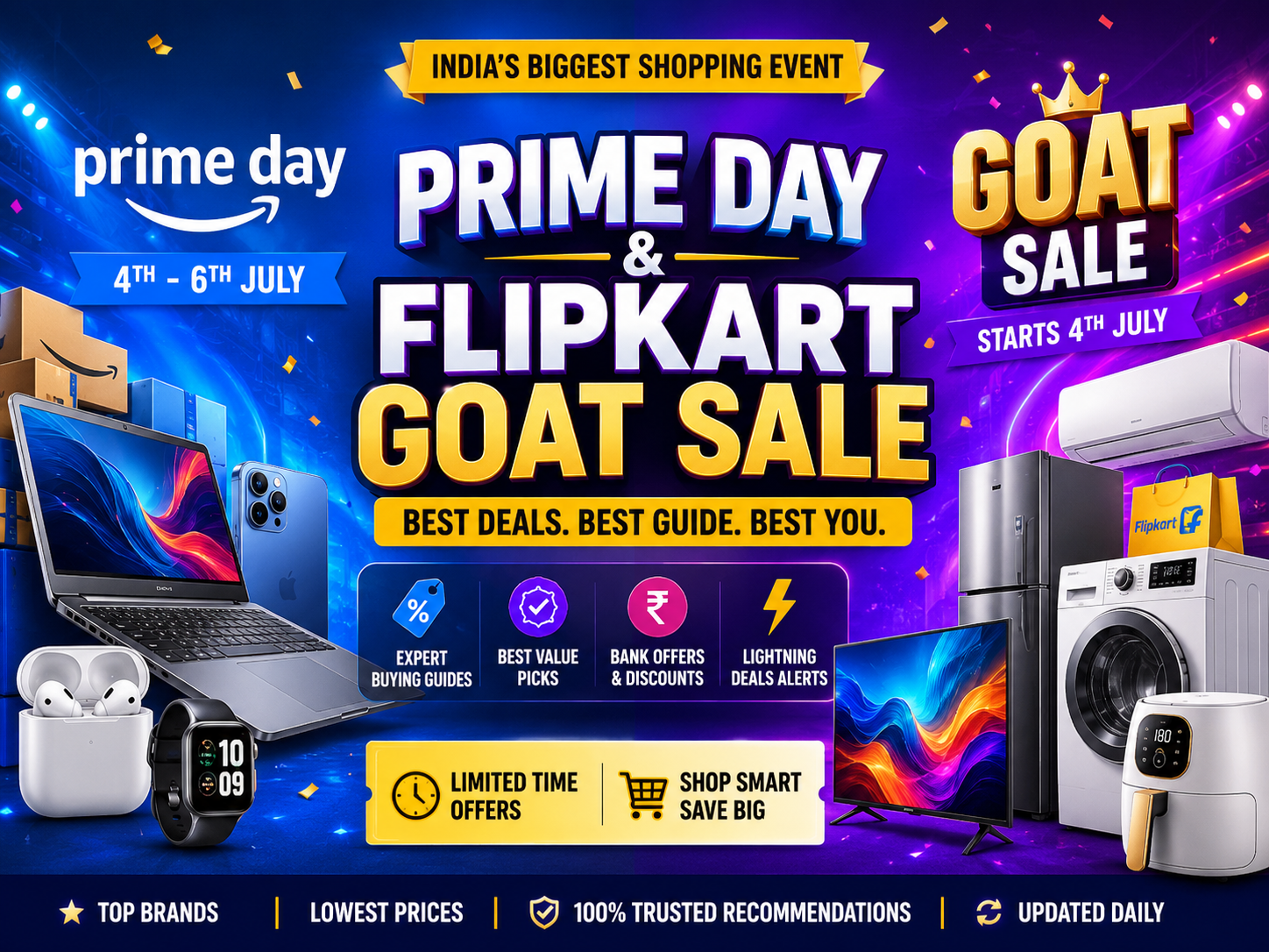 Hero banner for Amazon Prime Day and Flipkart GOAT Sale featuring the best deals on laptops, TVs, refrigerators, washing machines, air conditioners, smartphones, and other electronics with expert buying guides.