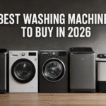 Ultra-realistic lineup of front-load and top-load washing machines with the text "BEST WASHING MACHINES TO BUY IN 2026" in a modern laundry room.