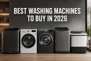 Ultra-realistic lineup of front-load and top-load washing machines with the text "BEST WASHING MACHINES TO BUY IN 2026" in a modern laundry room.