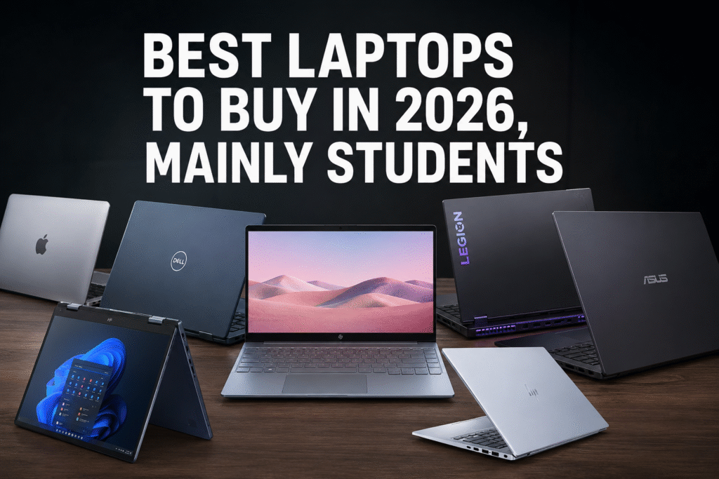 Ultra-realistic banner featuring multiple premium laptops from different brands arranged on a desk, with the bold headline "BEST LAPTOPS TO BUY IN 2026, MAINLY STUDENTS" displayed prominently against a dark background.