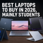Ultra-realistic banner featuring multiple premium laptops from different brands arranged on a desk, with the bold headline "BEST LAPTOPS TO BUY IN 2026, MAINLY STUDENTS" displayed prominently against a dark background.